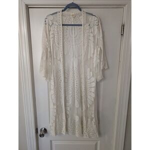 Womens Ivory Floral Lace Duster Cardigan Open Front Boho romantic cottagecore